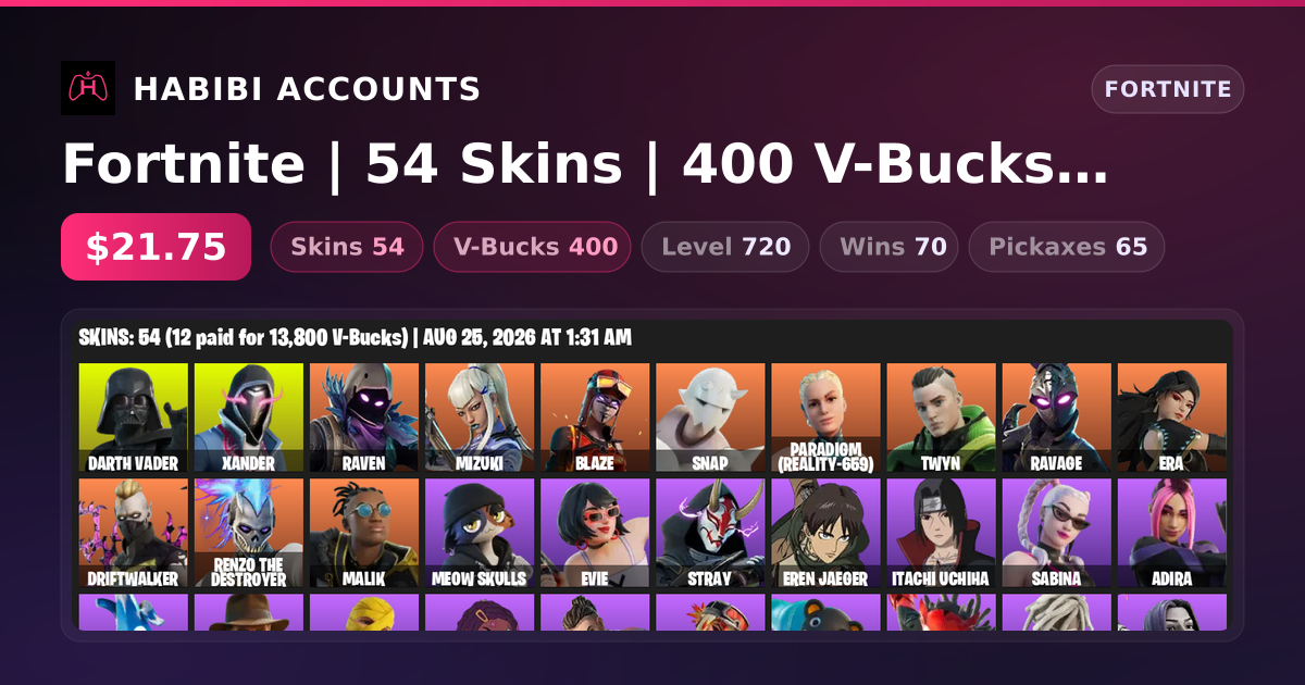 Fortnite | 54 Skins | 400 V-Bucks | Level 720 | 70 Wins