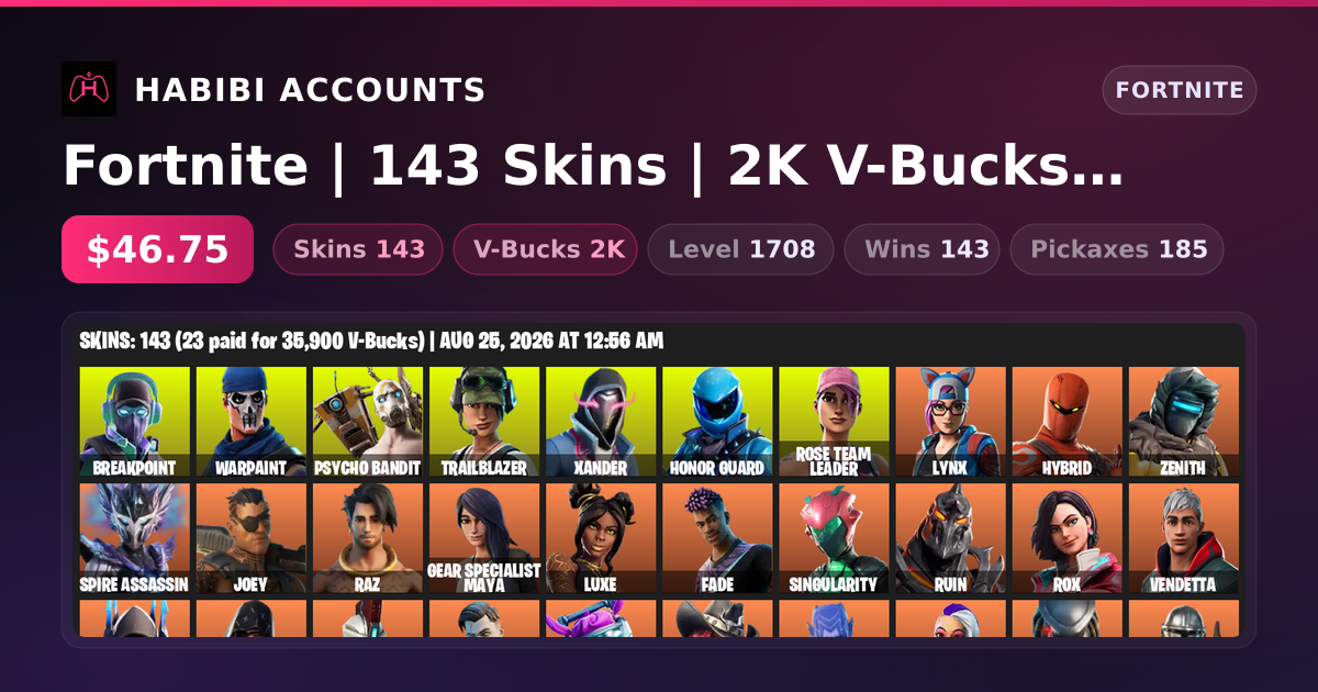 Fortnite | 143 Skins | 2K V-Bucks | Level 1708 | 143 Wins — HabibiAccounts