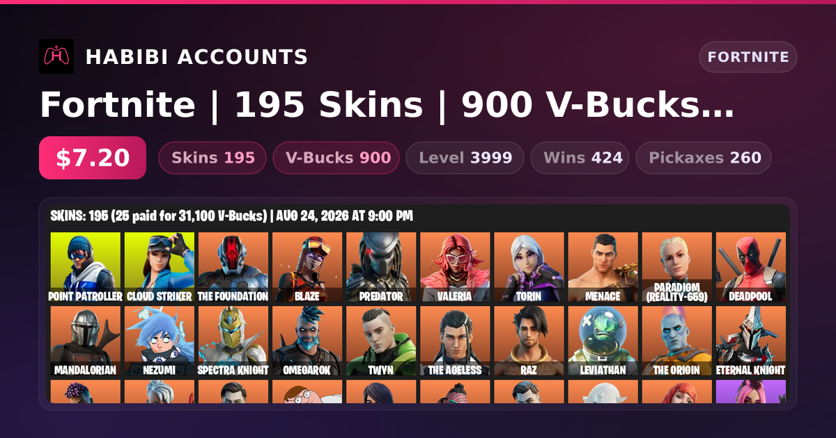 Fortnite | 195 Skins | 900 V-Bucks | Level 3999 | 424 Wins — HabibiAccounts