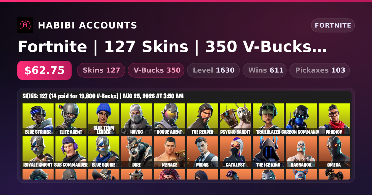 Fortnite | 127 Skins | 350 V-Bucks | Level 1630 | 611 Wins — HabibiAccounts