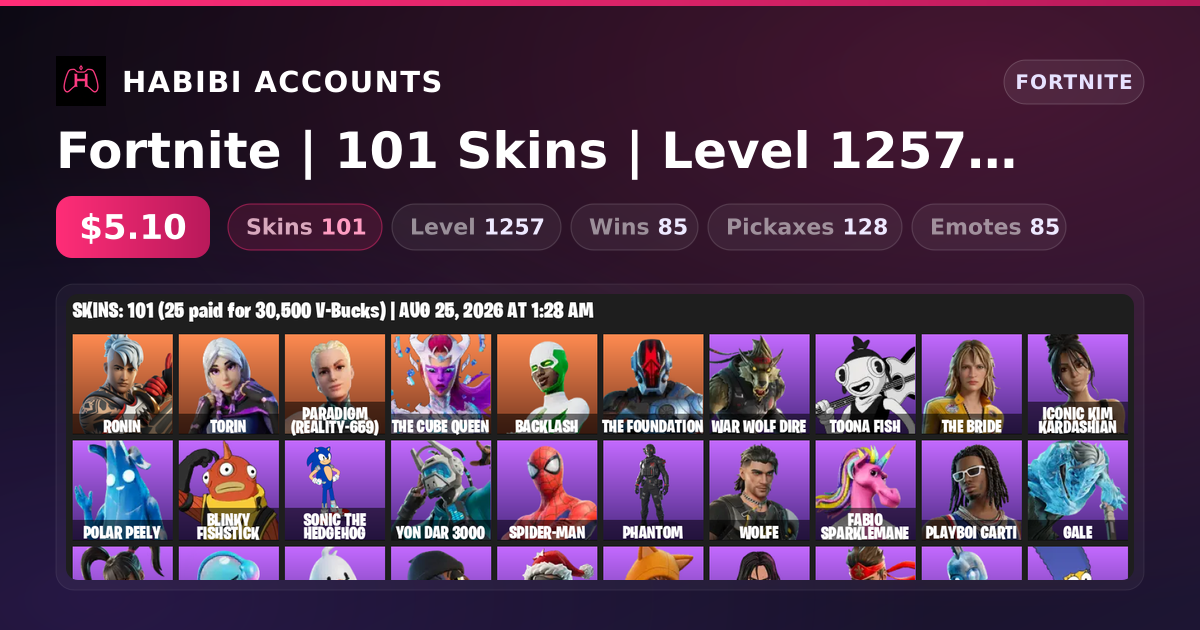 Fortnite | 101 Skins | Level 1257 | 85 Wins — HabibiAccounts