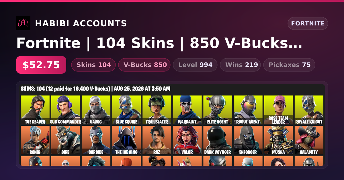 Fortnite | 104 Skins | 850 V-Bucks | Level 994 | 219 Wins — HabibiAccounts
