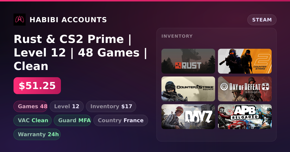 Rust & CS2 Prime | Level 12 | 48 Games | Clean — HabibiAccounts
