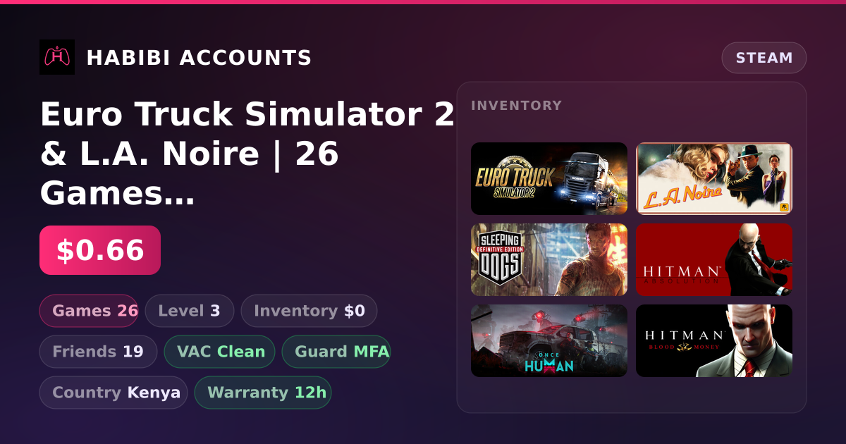 Euro Truck Simulator 2 & L.A. Noire | 26 Games | Clean — HabibiAccounts