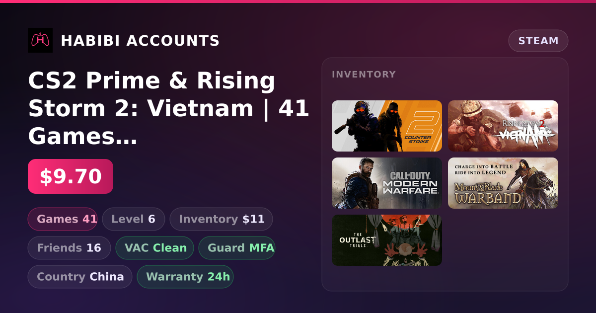 CS2 Prime & Rising Storm 2: Vietnam | 41 Games | Clean — HabibiAccounts