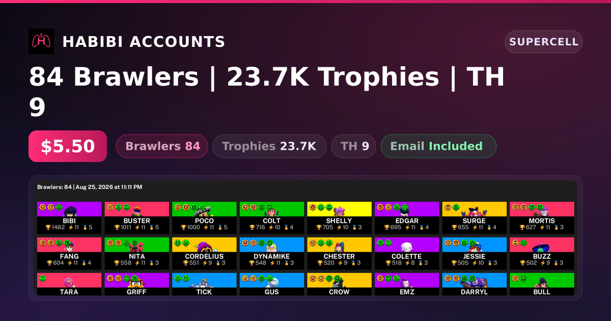 84 Brawlers | 23.7K Trophies | TH 9 — HabibiAccounts