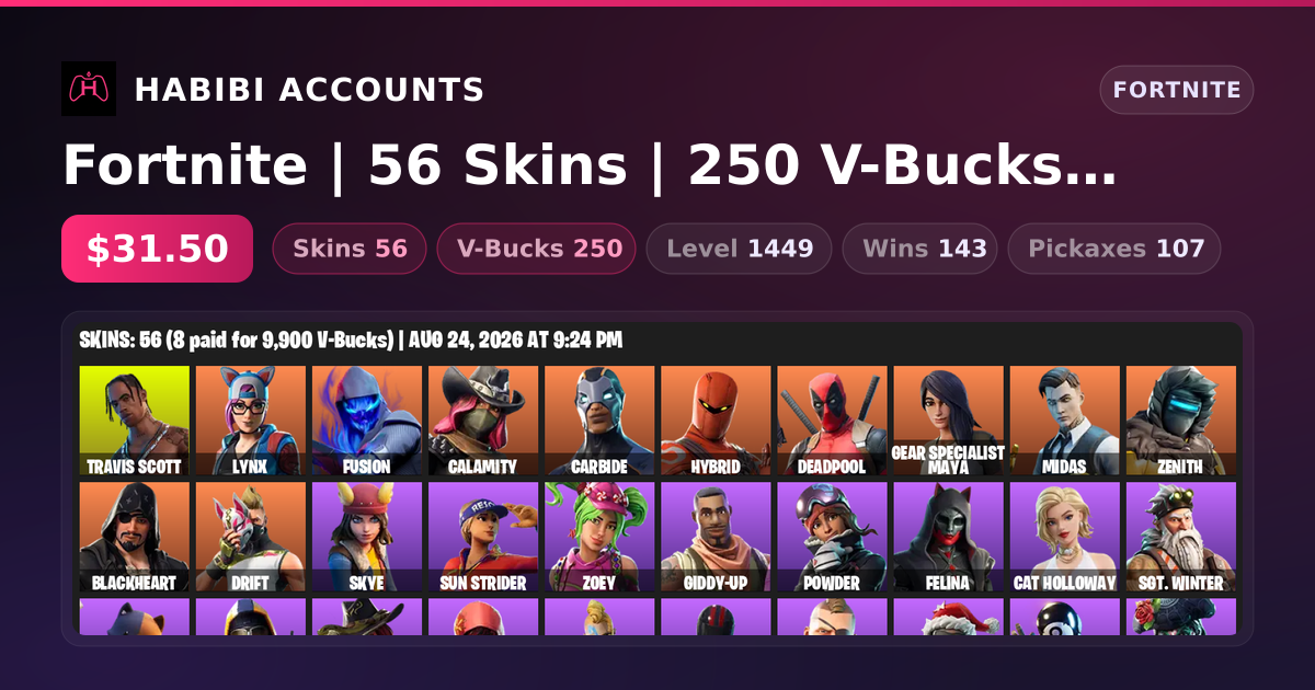 Fortnite | 56 Skins | 250 V-Bucks | Level 1449 | 143 Wins — HabibiAccounts