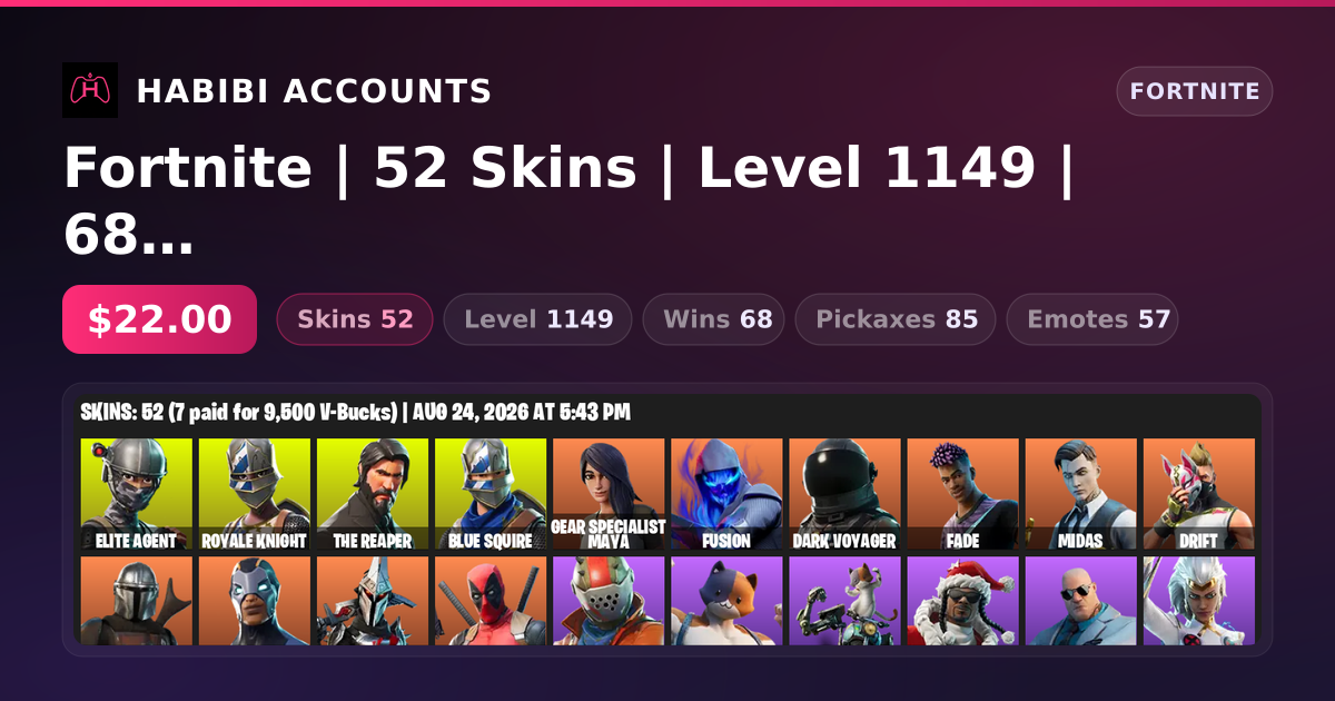 Fortnite | 52 Skins | Level 1149 | 68 Wins — HabibiAccounts