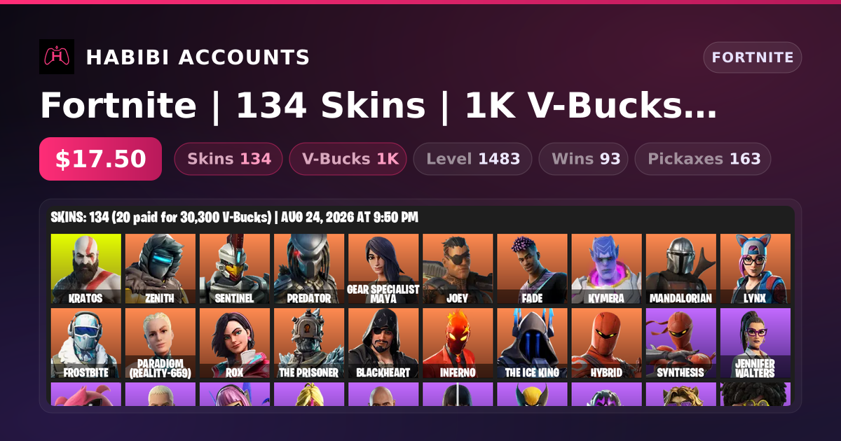 Fortnite | 134 Skins | 1K V-Bucks | Level 1483 | 93 Wins — HabibiAccounts