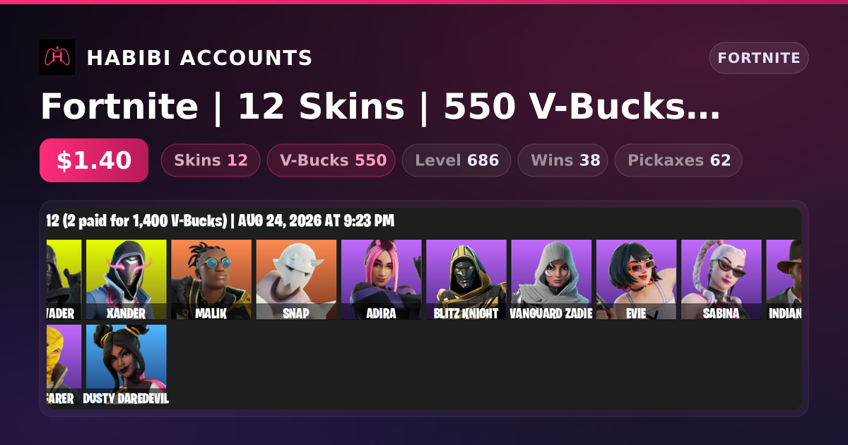 Fortnite | 12 Skins | 550 V-Bucks | Level 686 | 38 Wins — HabibiAccounts