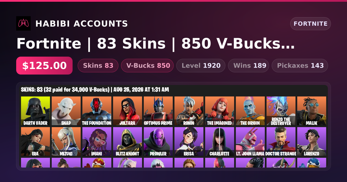 Fortnite | 83 Skins | 850 V-Bucks | Level 1920 | 189 Wins — HabibiAccounts