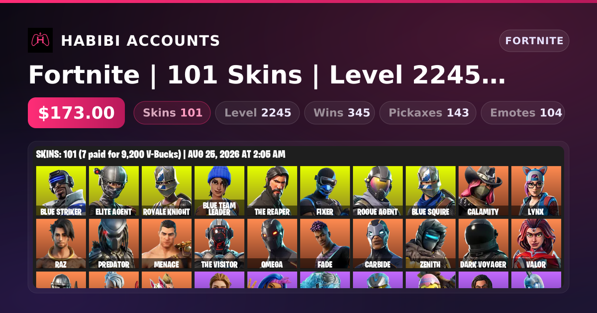 Fortnite | 101 Skins | Level 2245 | 345 Wins — HabibiAccounts