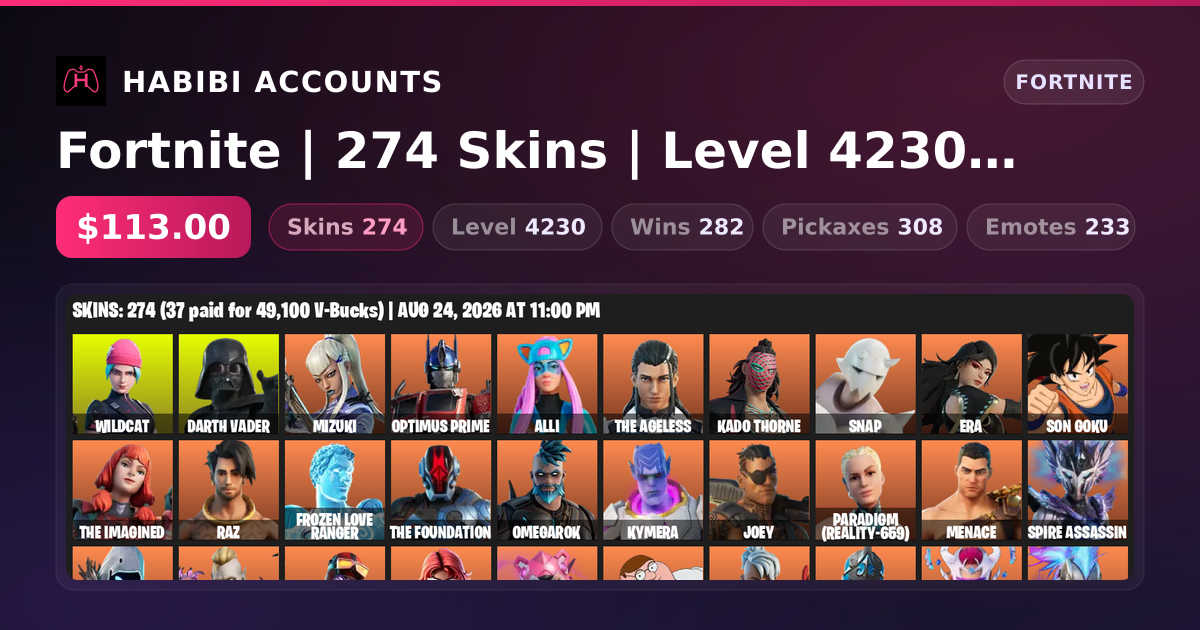 Fortnite | 274 Skins | Level 4230 | 282 Wins — HabibiAccounts