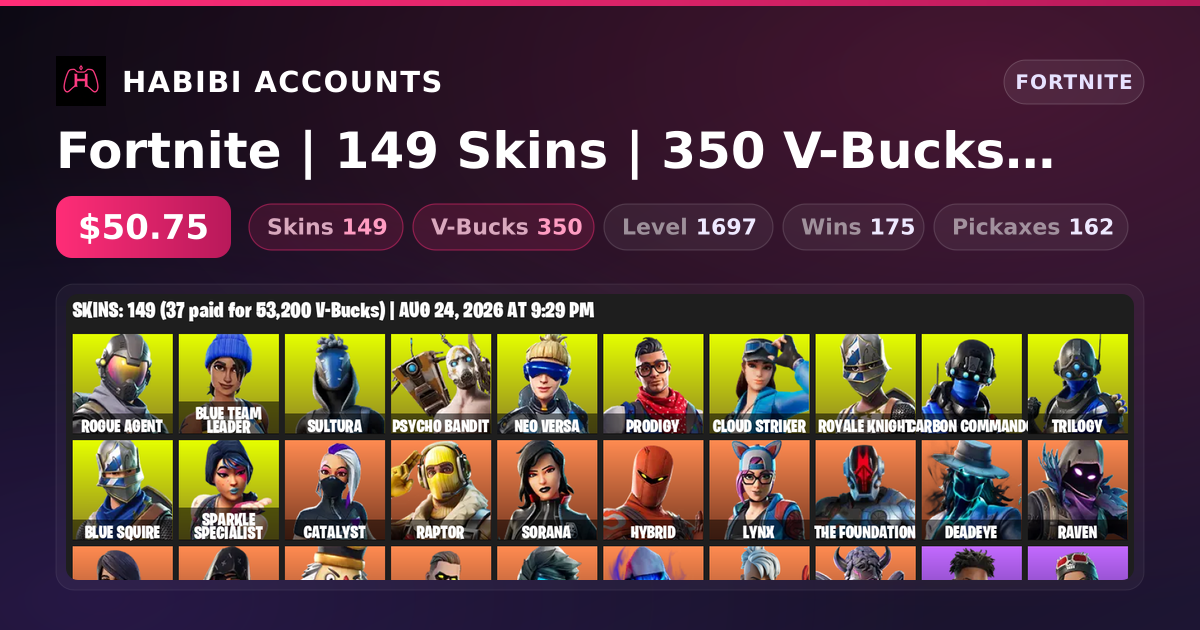 Fortnite | 149 Skins | 350 V-Bucks | Level 1697 | 175 Wins — HabibiAccounts