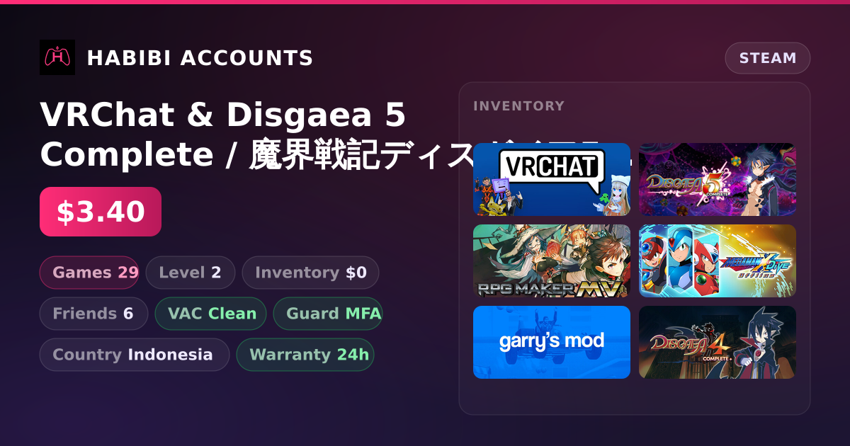VRChat & Disgaea 5 Complete / 魔界戦記ディスガイア5 | 29 Games | Clean — HabibiAccounts