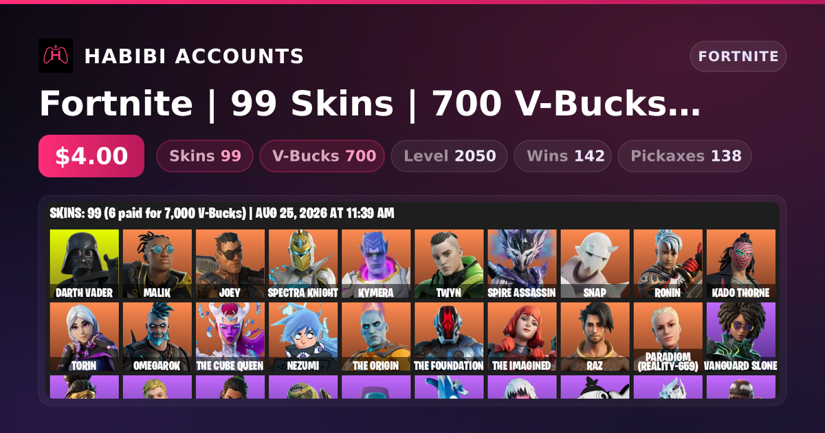 Fortnite | 99 Skins | 700 V-Bucks | Level 2050 | 142 Wins — HabibiAccounts