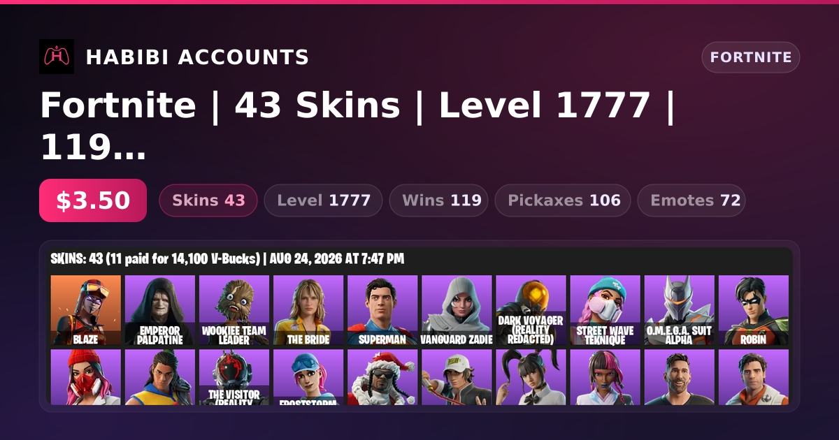 Fortnite | 43 Skins | Level 1777 | 119 Wins — HabibiAccounts