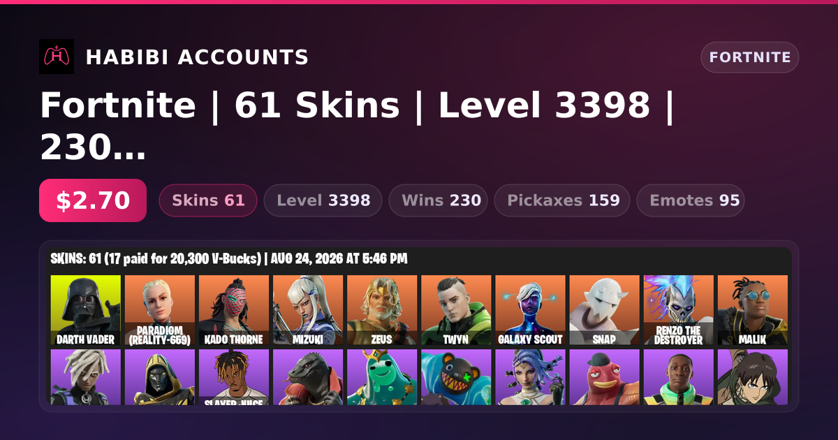Fortnite | 61 Skins | Level 3398 | 230 Wins — HabibiAccounts