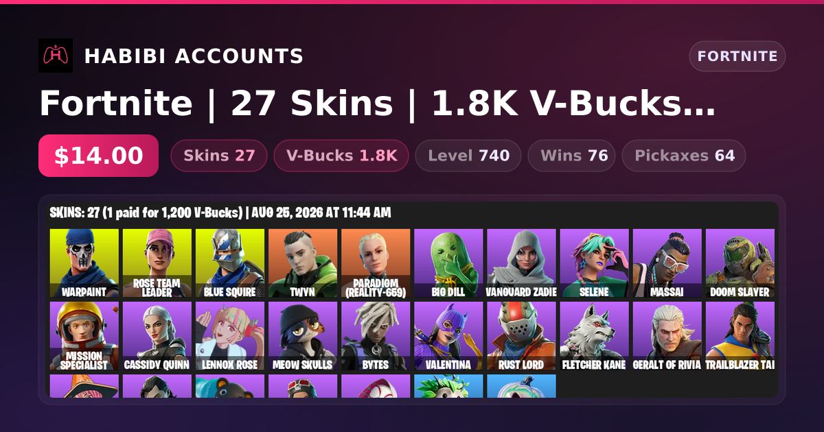 Fortnite | 27 Skins | 1.8K V-Bucks | Level 740 | 76 Wins — HabibiAccounts