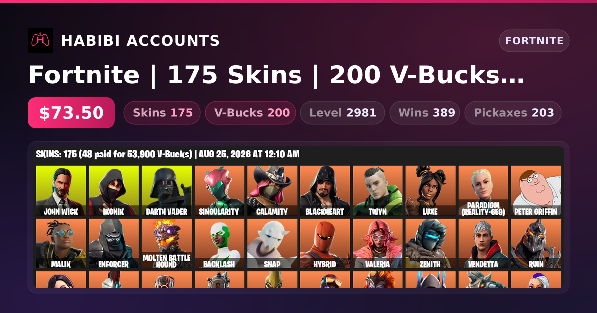 Fortnite | 175 Skins | 200 V-Bucks | Level 2981 | 389 Wins — HabibiAccounts