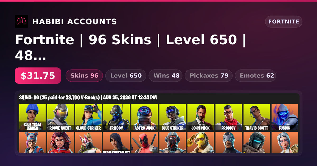 Fortnite | 96 Skins | Level 650 | 48 Wins — HabibiAccounts