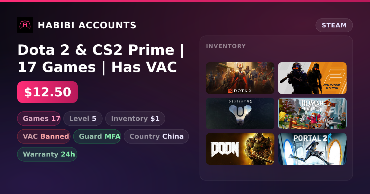 Dota 2 & CS2 Prime | 17 Games | Has VAC