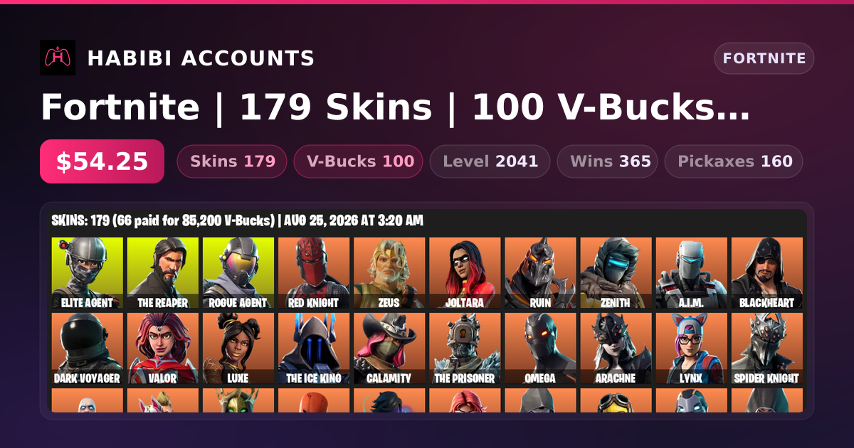 Fortnite | 179 Skins | 100 V-Bucks | Level 2041 | 365 Wins — HabibiAccounts
