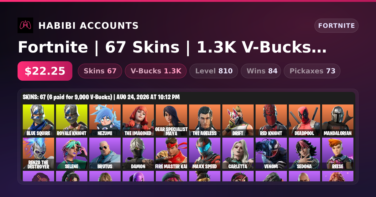 Fortnite | 67 Skins | 1.3K V-Bucks | Level 810 | 84 Wins — HabibiAccounts