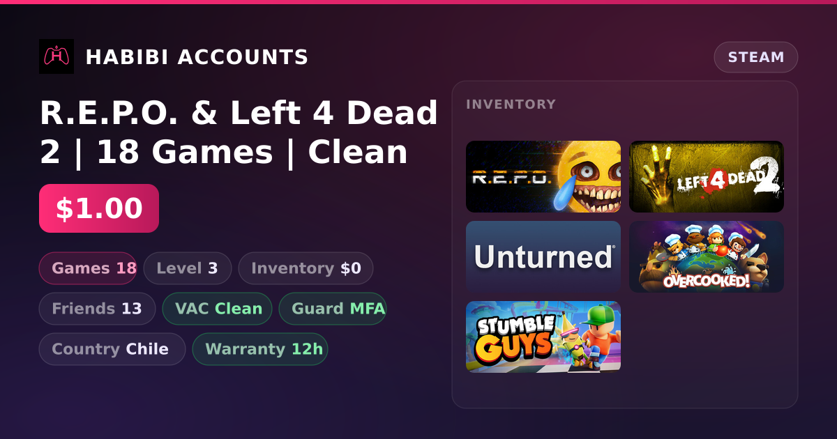 R.E.P.O. & Left 4 Dead 2 | 18 Games | Clean — HabibiAccounts