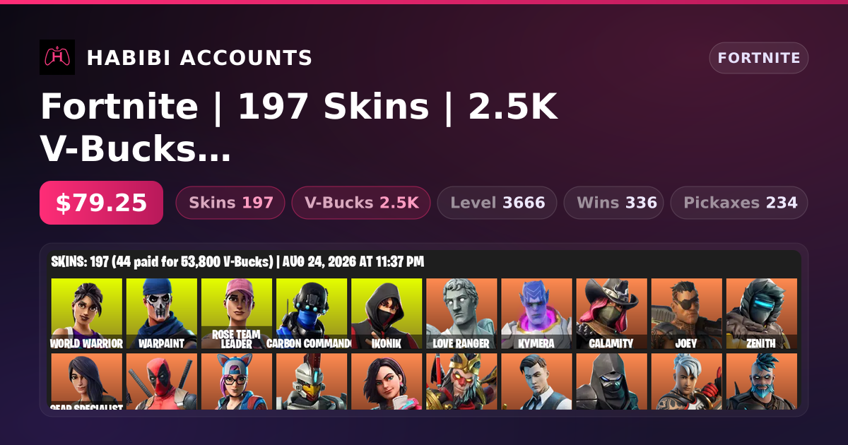 Fortnite | 197 Skins | 2.5K V-Bucks | Level 3666 | 336 Wins — HabibiAccounts