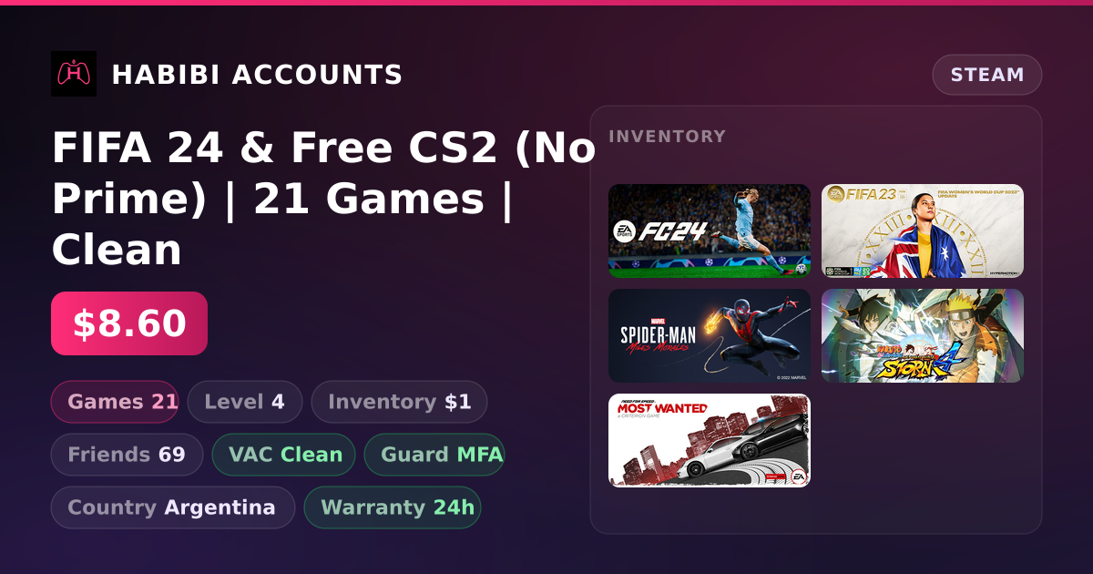 FIFA 24 & Free CS2 (No Prime) | 21 Games | Clean