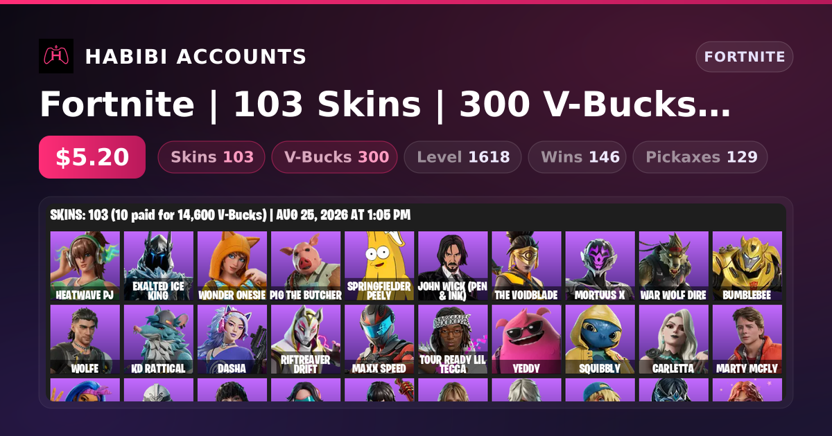 Fortnite | 103 Skins | 300 V-Bucks | Level 1618 | 146 Wins — HabibiAccounts