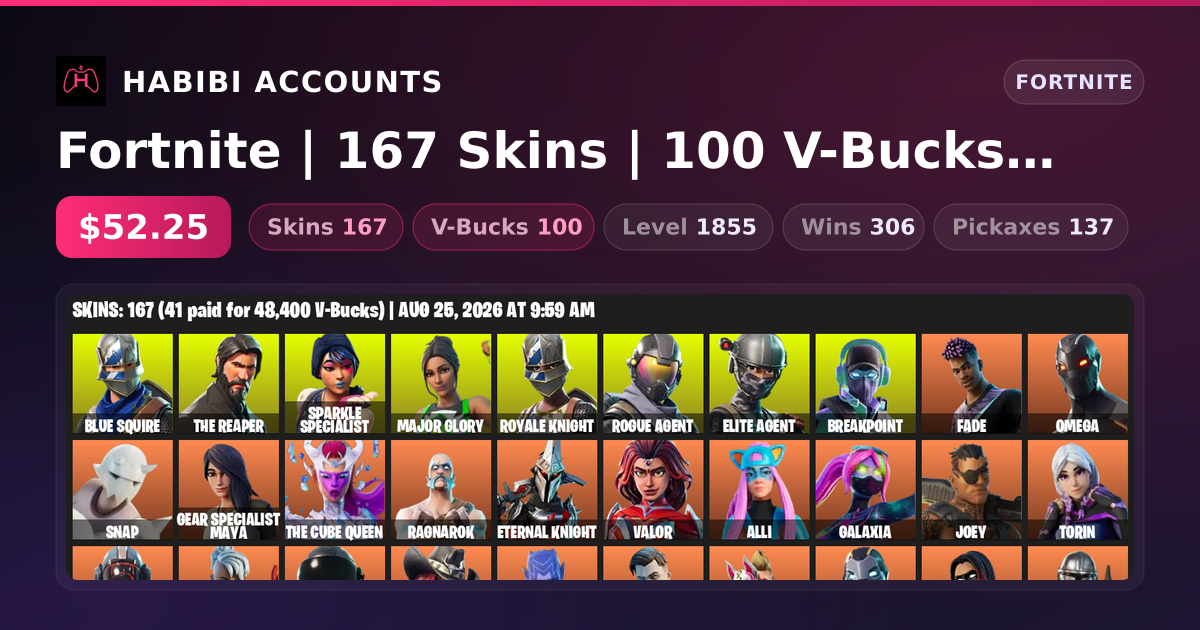 Fortnite | 167 Skins | 100 V-Bucks | Level 1855 | 306 Wins — HabibiAccounts