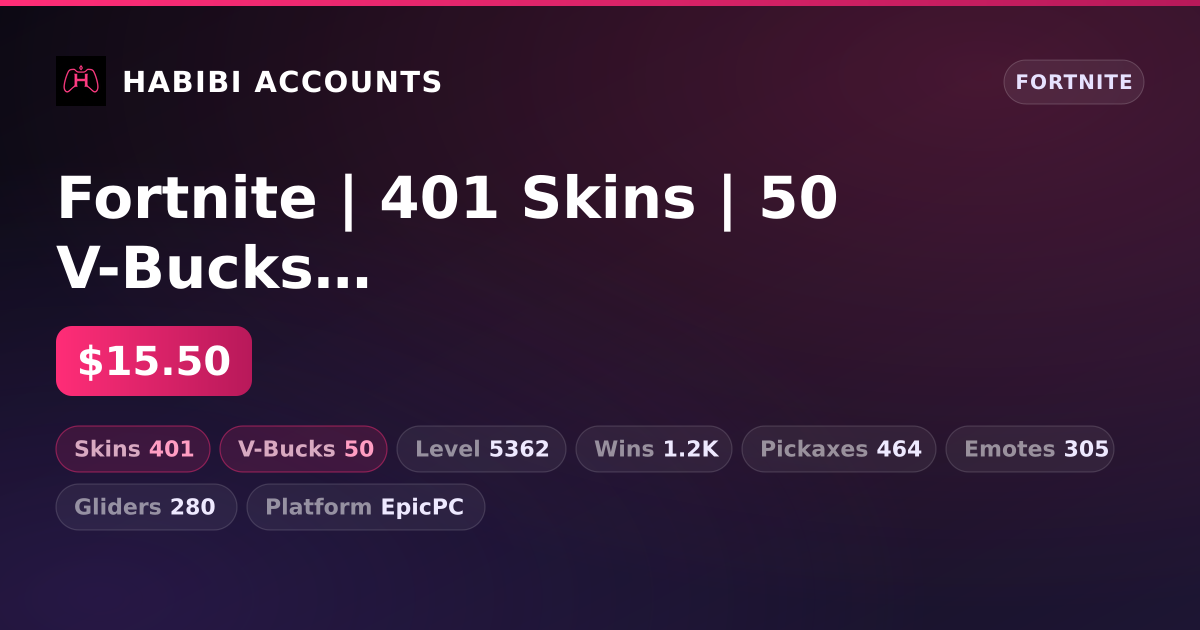 Fortnite | 401 Skins | 50 V-Bucks | Level 5362 | 1.2K Wins