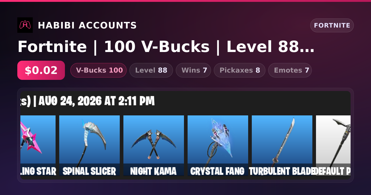 Fortnite | 100 V-Bucks | Level 88 | 7 Wins — HabibiAccounts