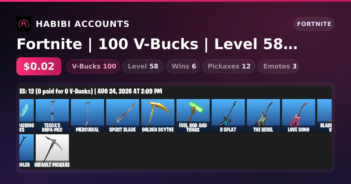 Fortnite | 100 V-Bucks | Level 58 | 6 Wins — HabibiAccounts