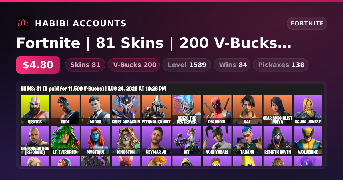 Fortnite | 81 Skins | 200 V-Bucks | Level 1589 | 84 Wins — HabibiAccounts