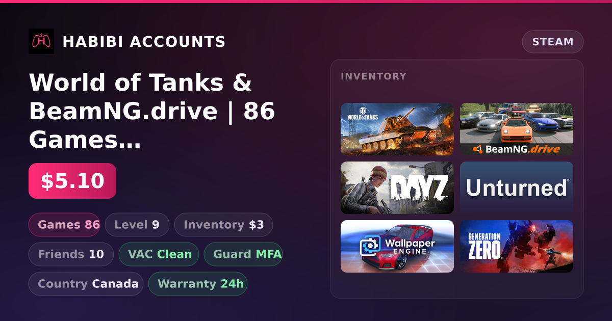 World of Tanks & BeamNG.drive | 86 Games | Clean — HabibiAccounts