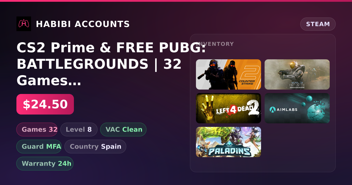 CS2 Prime & FREE PUBG: BATTLEGROUNDS | 32 Games | Clean — HabibiAccounts