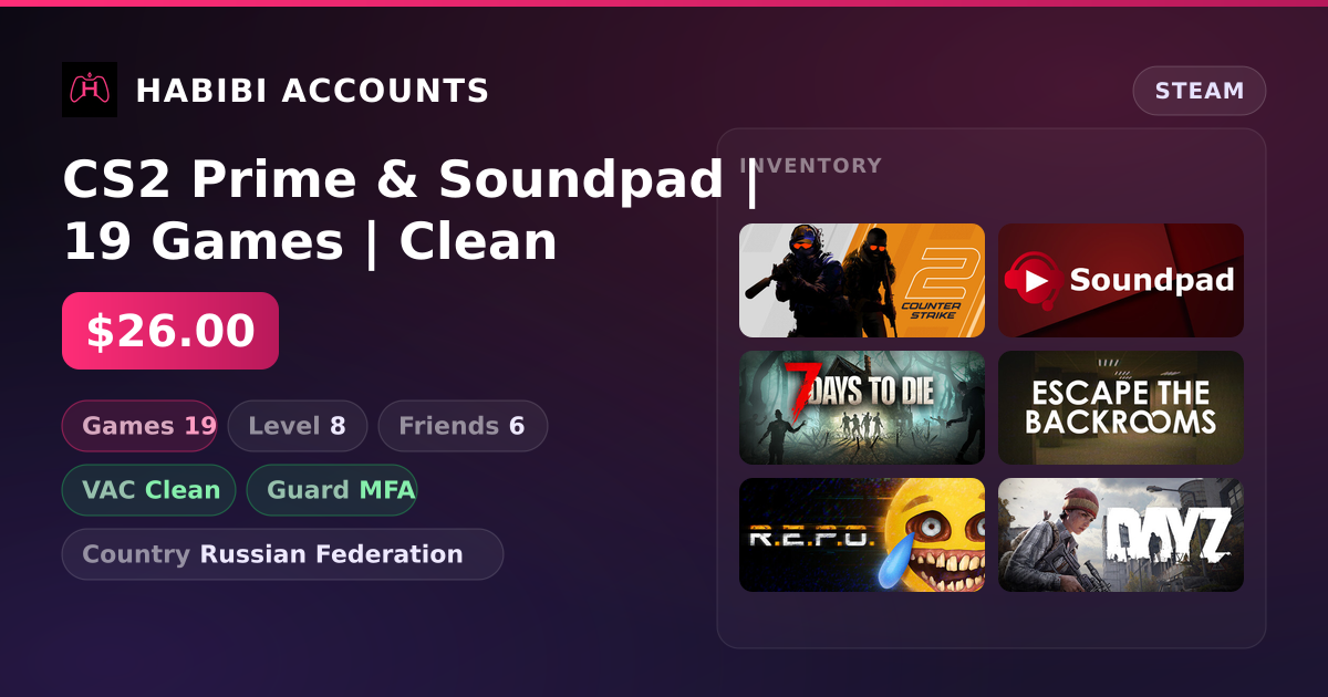 CS2 Prime & Soundpad | 19 Games | Clean — HabibiAccounts