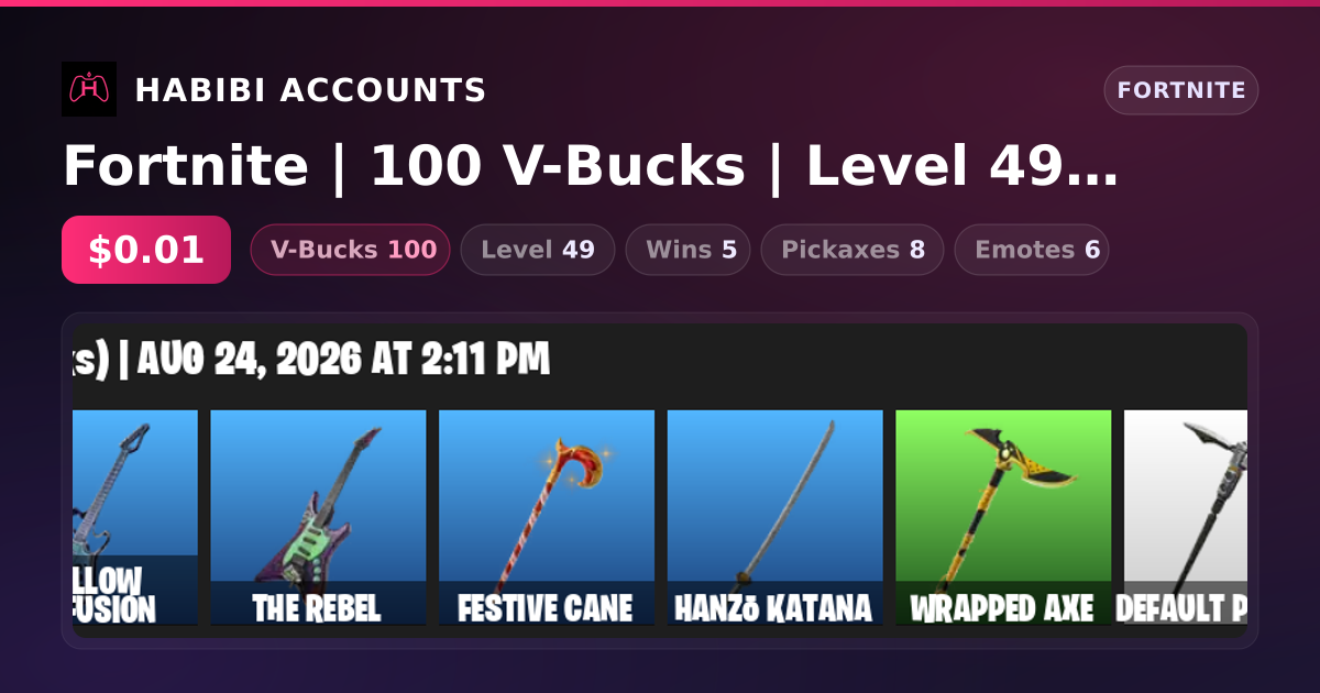 Fortnite | 100 V-Bucks | Level 49 | 5 Wins — HabibiAccounts