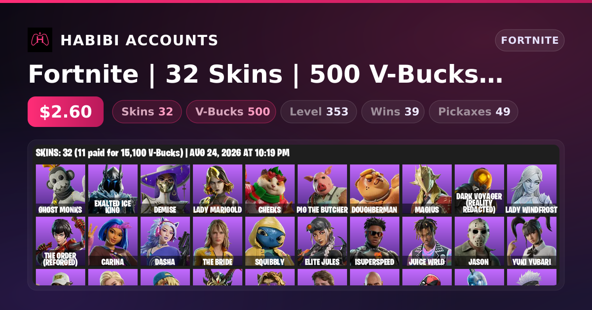 Fortnite | 32 Skins | 500 V-Bucks | Level 353 | 39 Wins — HabibiAccounts