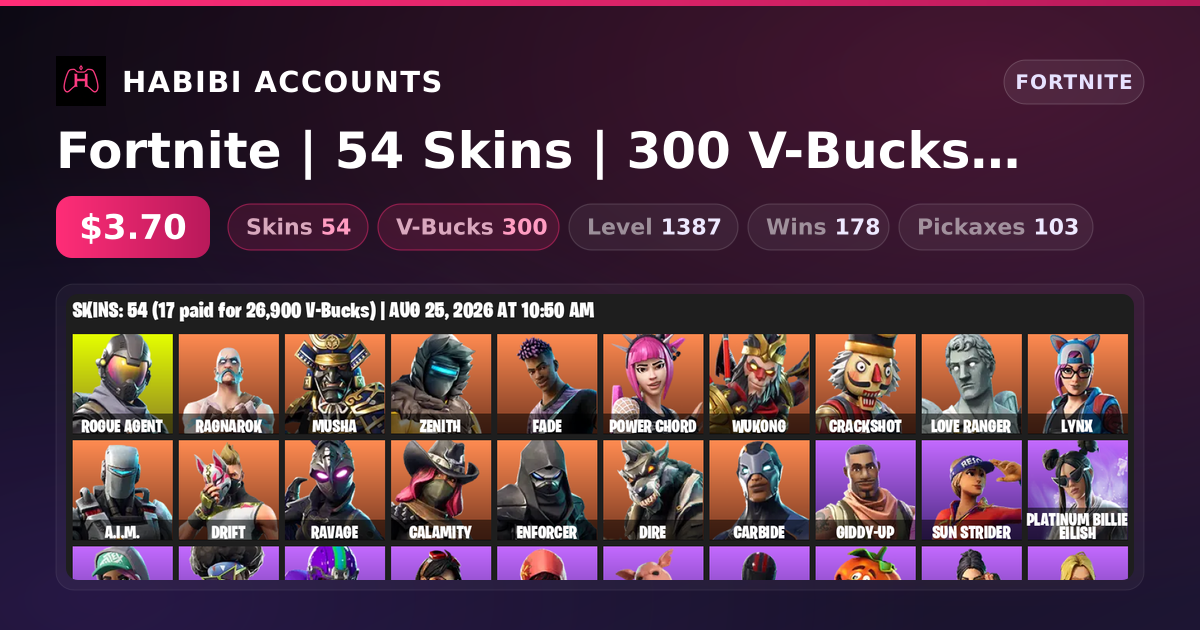 Fortnite | 54 Skins | 300 V-Bucks | Level 1387 | 178 Wins — HabibiAccounts