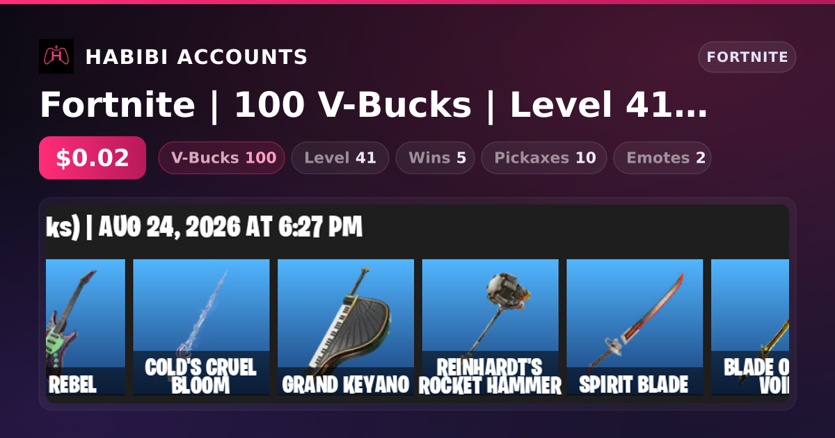 Fortnite | 100 V-Bucks | Level 41 | 5 Wins — HabibiAccounts