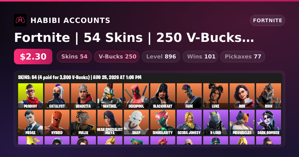 Fortnite | 54 Skins | 250 V-Bucks | Level 896 | 101 Wins — HabibiAccounts