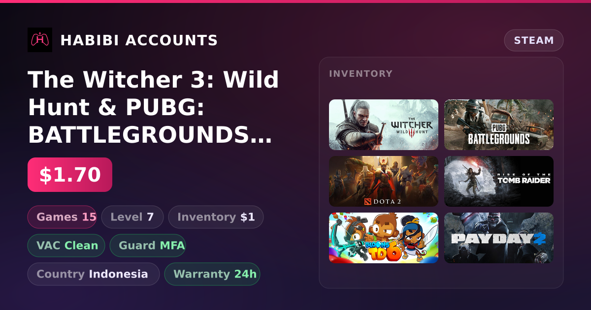 The Witcher 3: Wild Hunt & PUBG: BATTLEGROUNDS | 15 Games | Clean — HabibiAccounts