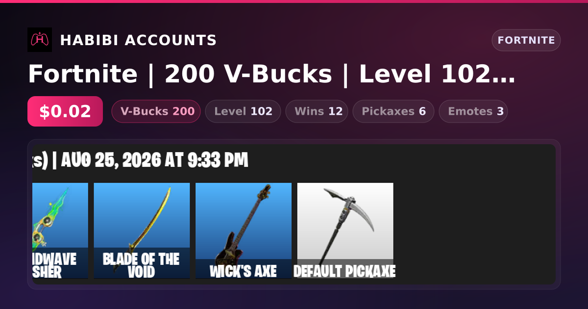Fortnite | 200 V-Bucks | Level 102 | 12 Wins — HabibiAccounts