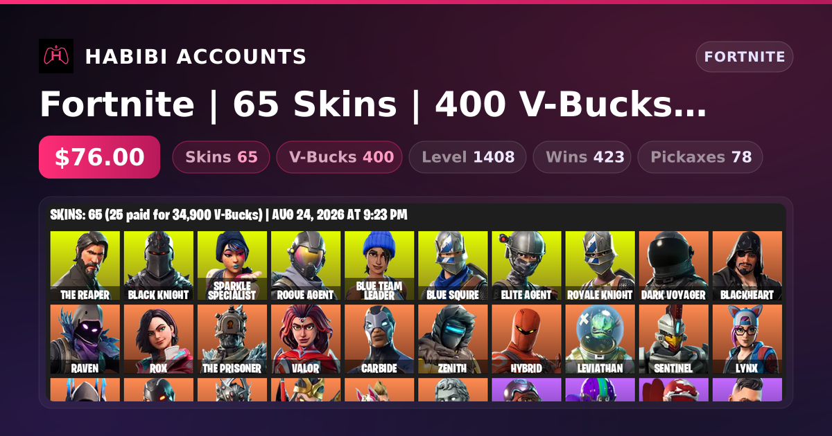 Fortnite | 65 Skins | 400 V-Bucks | Level 1408 | 423 Wins — HabibiAccounts