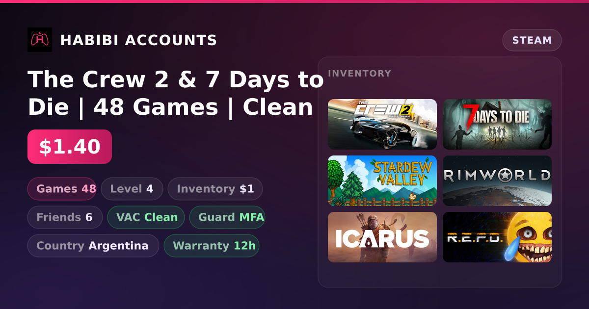 The Crew 2 & 7 Days to Die | 48 Games | Clean — HabibiAccounts