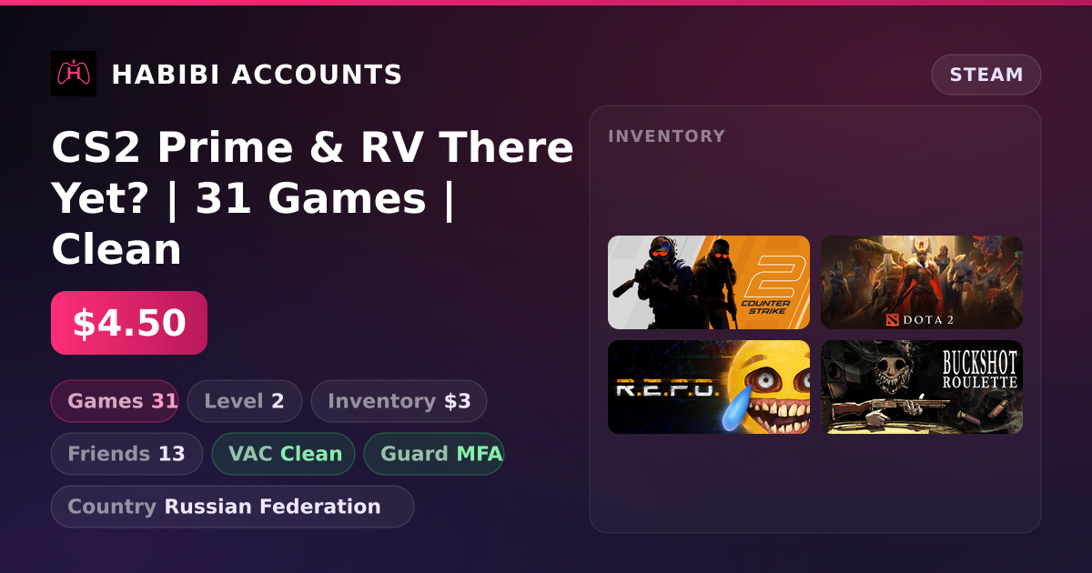 CS2 Prime & RV There Yet? | 31 Games | Clean — HabibiAccounts